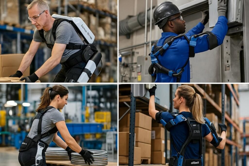Trabajadores usando diferentes modelos de exoesqueletos industriales en almacenes y obras