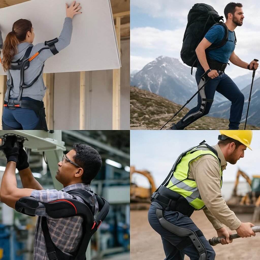 Collage de exoesqueletos en uso laborales, médicos, deportivos y personales, en diferentes situaciones cotidianas